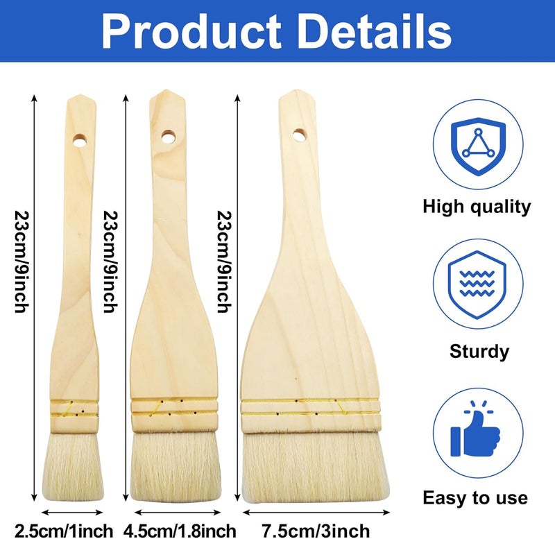 Moicstiy 3Pcs Flat Hake Brushes, Sheep Hair Bristles, Paint Brush Set for Watercolor, Wash, Pottery Painting - Baking Pastry Brush & BBQ Grill Brush for Kitchen (1/2/3 Inch) - Image 3